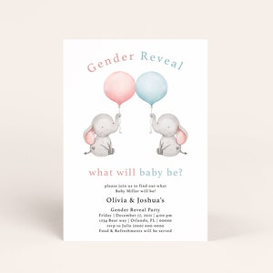 Elephant gender reveal invitation editable template, what will baby be boy or girl