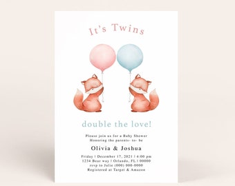 Fox Twins Baby Shower Invitation Template (Editable Template)