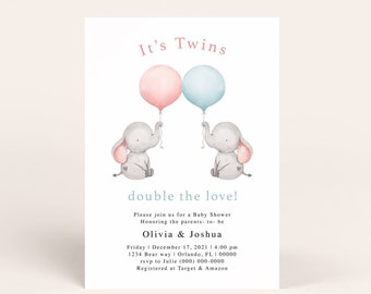 Modèle d'invitation de baby shower de jumeaux éléphants (téléchargement numérique)