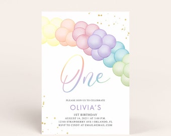 May include: A pastel rainbow balloon arch with the word "One" in a script font. The invitation reads "Please join us to celebrate Olivia's 1st Birthday, August 14, 2023 at 3:00 p.m., 12340 Strawberry Ave | Orlando, FL, RSVP to Cindy at email@email.com".