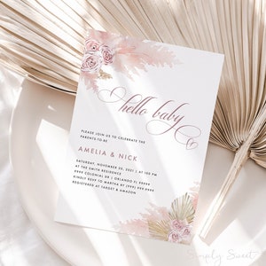 Soft pink pampas girl baby shower invitation template, hello baby, editable template