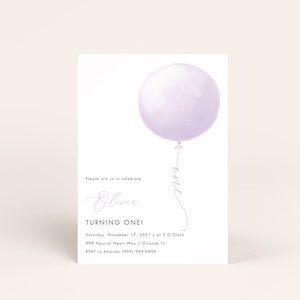 Modern 1st birthday balloon invite, First birthday invitation template for girls lavender