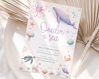 Invitation 1er anniversaire de Oneder the Sea modifiable, sous le thème de la mer, modèle Corjl, téléchargement numérique