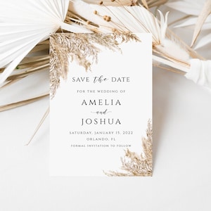 Elegante invitación para guardar la fecha con hierba de la pampa, tarjeta de anuncio de boda estilo bohemio, invitación rústica y elegante para guardar la fecha, papelería de boda única