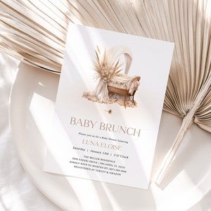 Boho Chic Baby Brunch-Einladung, neutrales Stubenwagen-Design, bearbeitbar und druckbar