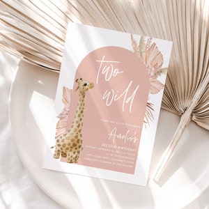 Two wild giraffe birthday editable invitation template instant download bohemian arch pampas grass
