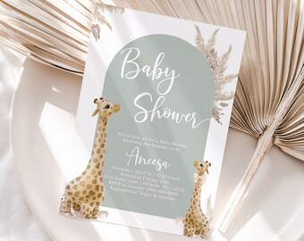 Giraffe Baby Shower Invitation, Chic Safari Theme with Neutral Tones