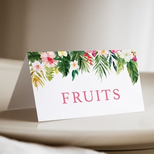 Tropical luau Hawaiian food or name tent card editable template