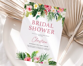 May include: A white bridal shower invitation with pink text that reads "Bridal Shower" and "Christina". The invitation features a watercolor illustration of tropical flowers and leaves.