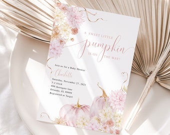 May include: A pink and white baby shower invitation with a watercolor illustration of pumpkins and flowers. The text reads "A Sweet Little Pumpkin is on the Way!" and includes details for the shower, including the date, time, location, and registry information.