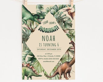 Boy Editable Dinosaur birthday invitation template | Neutral dinosaur invite