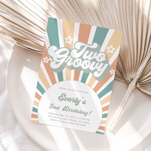 Retro Two Groovy second birthday invitation template editable instant download sage green invite