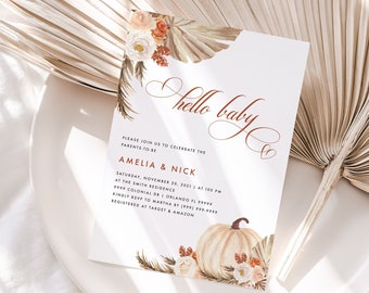 Boho fall baby shower invitation, Hello baby editable template, terracotta pumpkin invite