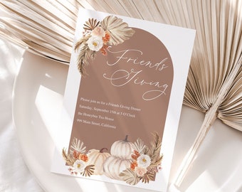 Terracotta Friendsgiving Invite - Abstract Arch & Pumpkin Design, Editable Thanksgiving Invitation