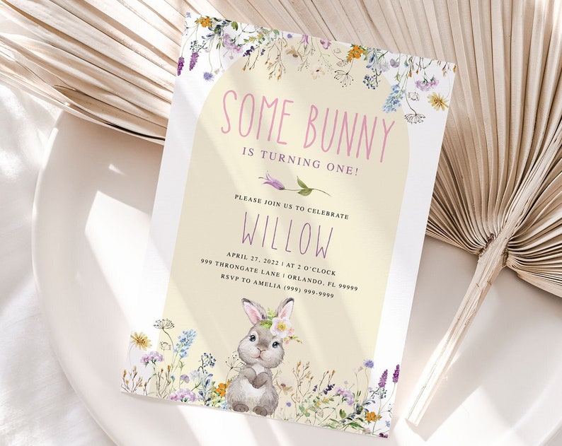 Some bunny is one invitation editable template instant download bunny wildflower boho arch invite