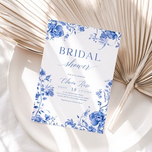 Chinoiserie-bruidsuitnodiging met blauwe bloemen - elegante afdrukbare