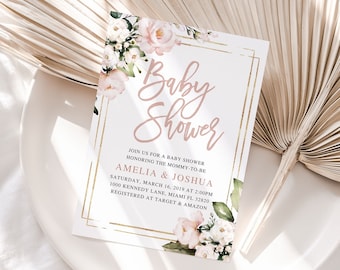 Może przedstawiać: Białe zaproszenie na baby shower z pozłacanymi obwódkami i różowymi akcentami kwiatowymi. Tekst głosi "Baby Shower" różowym pismem i "Dołącz do nas na baby shower z okazji przyszłej mamy Amelii i Joshuy Sobota, 16 marca 2019 o 14:00 1000 Kennedy Lane, Miami FL 33230 Zarejestrowane w Target & Amazon".