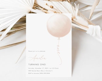 Modern 1st birthday balloon invite, First birthday invitation template for girls