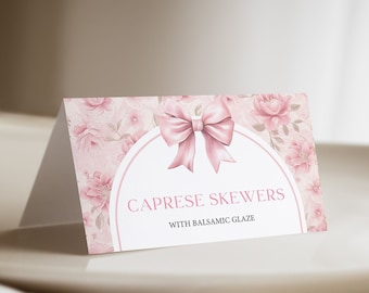 May include: A pink floral card with a pink bow and the text "CAPRESE SKEWERS WITH BALSAMIC GLAZE".