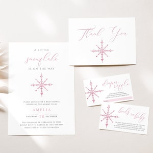 Faire-part de baby shower fille flocon de neige - thème hivernal douillet - modèle modifiable et imprimable