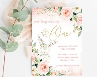 Bunny blush pink and gold first birthday invitation template, editable invitation, instant download, printable invitation