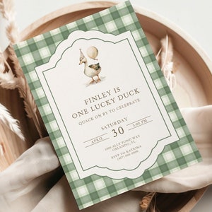 Plantilla de invitación de cumpleaños de un pato de la suerte, editable, clásica, para niño, primer cumpleaños, a cuadros verdes, imprimible.