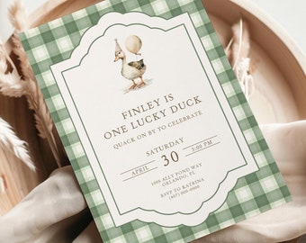 May include: Green and white gingham patterned invitation with a cartoon duck wearing a party hat and holding a balloon. The text reads "Finley is One Lucky Duck, Quack on by to celebrate, April 30, Saturday 3:00 PM, 1000 Ally Pond Way, Orlando, FL, RSVP to Katrina (407) 555-0000".