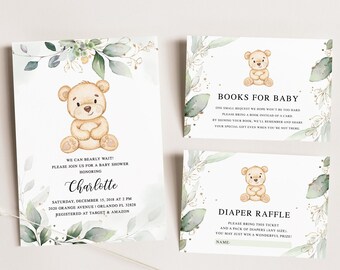 Teddy Bear Baby Shower Bundle: Greenery, Editable Templates (Digital Download)