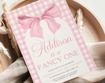 Pink Bow Gingham 1st Birthday Invitation Template (Digital Download)