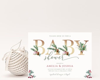 May include: A white card with gold lettering that says "Baby Shower" with a wintery floral design. The card is for a baby shower honoring Amelia & Joshua.