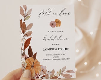 Rustic Fall Bridal Shower Invitation Template - Editable 'Fall in Love' Invite