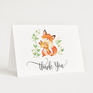 Bedankkaart babyshower met vosthema - aanpasbaar ontwerp met bosdieren - afdrukbaar dankbaarheidsbriefje met aquarel vossen