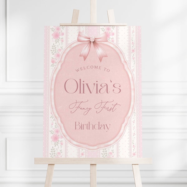 Floral Lace First Birthday Welcome Sign - Personalized Pink Entry Decor for Girls - Love Shack Fancy Inspired 1st Birthday Party Signage