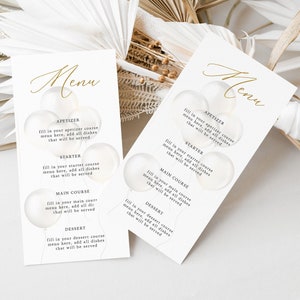 May include: Two white cards with the word "Menu" written in gold script. Each card has a list of meal courses: Appetizer, Starter, Main Course, and Dessert. Each course is surrounded by a white balloon with a gold outline.