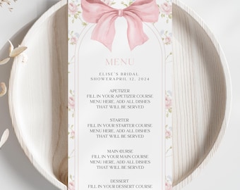 Floral Bridal Shower Menu Template: Pink Bow Design (Digital)