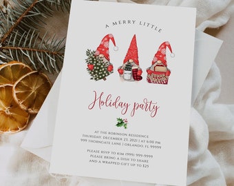 May include: A holiday party invitation featuring three gnomes in red hats, with the text "A Merry Little Holiday Party." A lit candle and dried orange slices are also visible. The invitation includes event details.