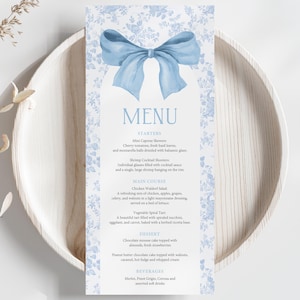 Modèle de menu Toile florale bleue française : design de mariage élégant (numérique)
