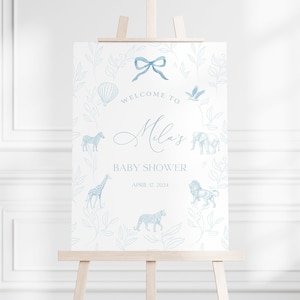 Blue Toile Safari Baby Shower Welcome Sign (Editable Digital Download)
