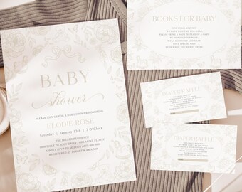 Neutral Toile Baby Shower Invitation: Floral Toy Design (Digital)