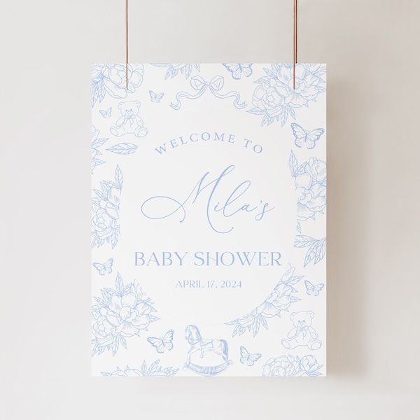 Modèle modifiable pour plaque de bienvenue pour baby shower Toile de Jouy, décor papillon et cheval à bascule