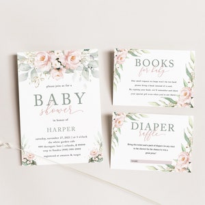 Conjunto floral para baby shower: plantilla editable para invitación, solicitud de libro y rifa de pañales