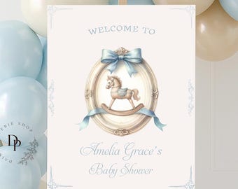 Blue Rocking Horse Baby Shower Welcome Sign: Vintage Style (Editable Template, PDF Download)