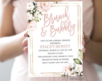 Blush Pink & Gold Brunch and Bubbly - Boho Floral Bridal Shower Editable Invitation - Instant Download