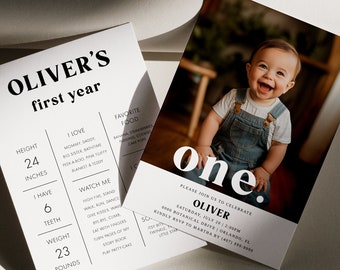 Minimalist First Birthday Invitation Template - Editable & Printable, Instant Download