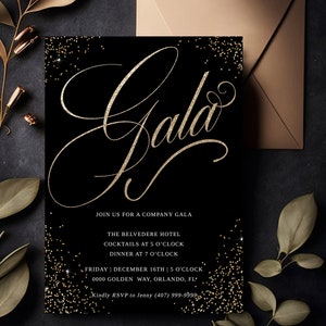 Invitación de gala lujosa en negro y dorado, elegante diseño brillante para evento corporativo, plantilla de invitación