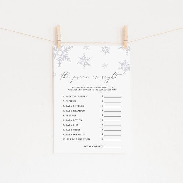 Snowflake The price is right baby shower game instant download winter baby shower