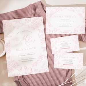 Invitación para baby shower en Toile de Jouy rosa con plantillas para tarjetas de libros y sorteo de pañales