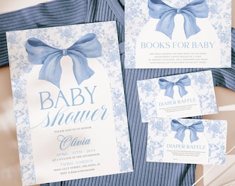 May include: Blue and white baby shower invitation cards with a blue bow and floral pattern. The text on the cards reads "Books for Baby", "Diaper Raffle", and "Baby Shower".