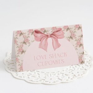 Love Shack Vintage Floral Tent Card, Editable Pink Bow Floral Tent Card for Weddings, Bridal Showers, Baby Showers, and Events