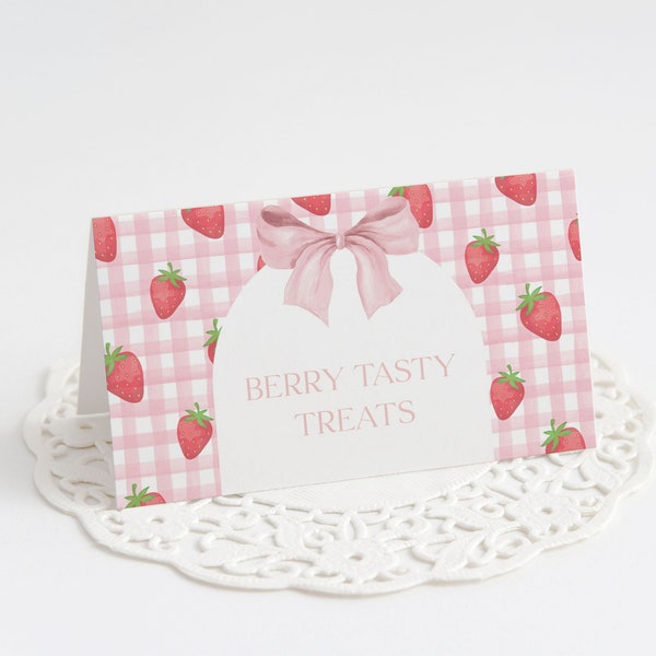 Editable Strawberry Pink Gingham Food Tent Cards for First Birthday, Customizable Place Cards with Bow Design